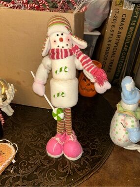 Source Unknown Pink and Green Candy Stripe Snowman Holiday Figure
